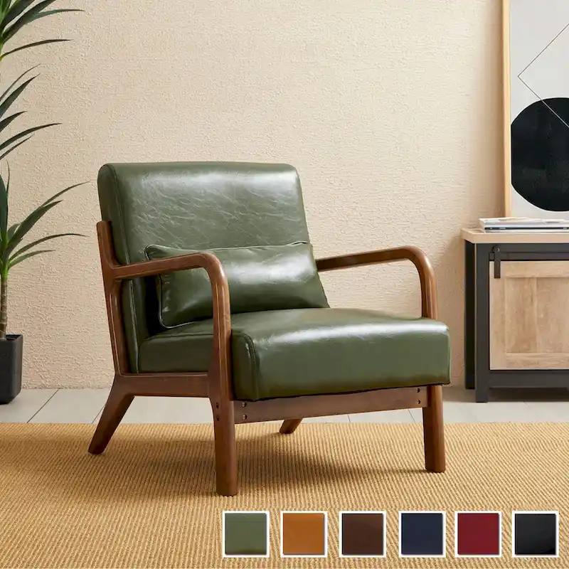 30.75H Mid-Century Modern PU Leather Armchair Accent Chair with Pillow - 25.75W x 33.75D x 30.75H