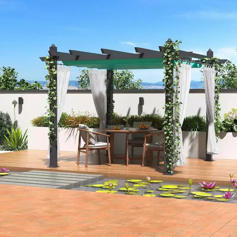 Modern Aluminum Outdoor Pergola with Retractable Canopy & Side Mesh  Faux Wood Grain Patio Gazebo,Mosquito Netting,UV Protection for Backyard,Deck