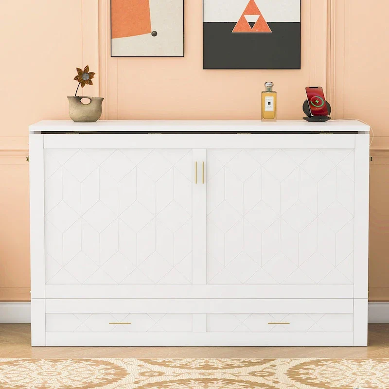 White Modern Murphy Wall Bed, Full Size, 1-Person, with Storage Drawer & USB Ports