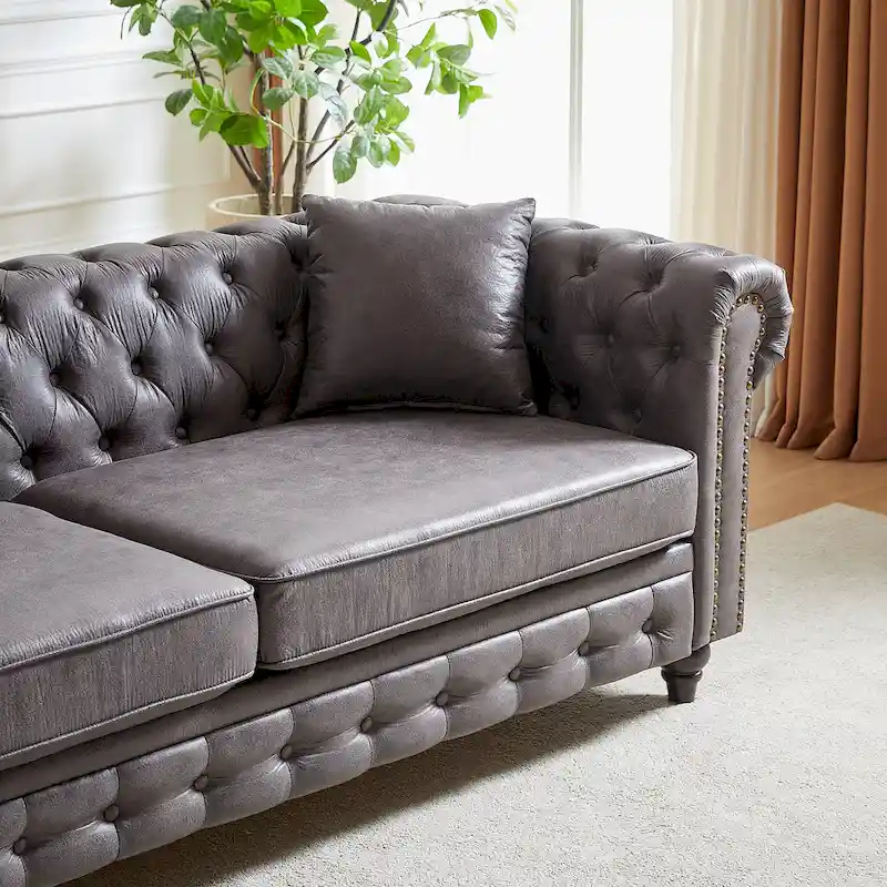 Gray Tufted Sofa with Rolled Arms - 3 Seater