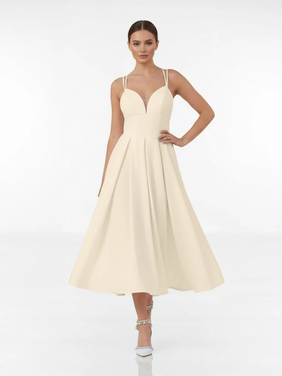 A-Line V-Neck Sleeveless Satin Knee-Length Wedding Dress
