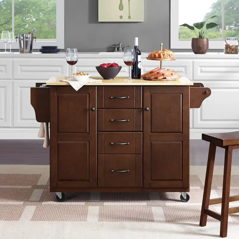 Kitchen Cart with Wood Countertop and Storage
