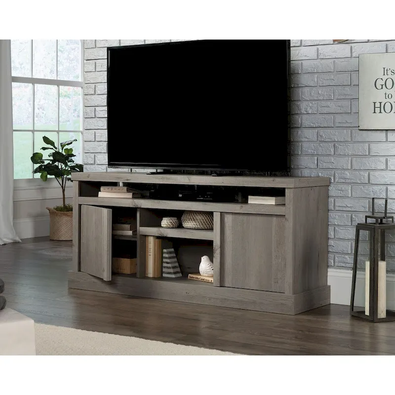 TV Credenza with Herringbone Doors & Adjustable Shelves – Mystic Oak / Sindoori Mango, Modern Style