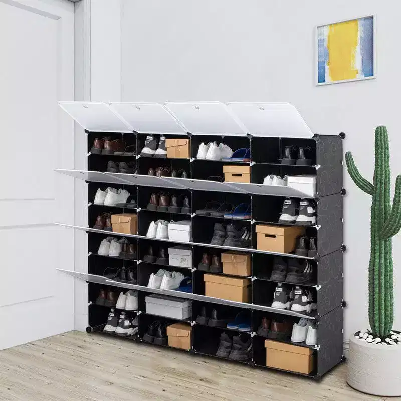 Karl Home 32 Cubby DIY Modular Shoe Cabinet Plastic Shoe Organizer Black
