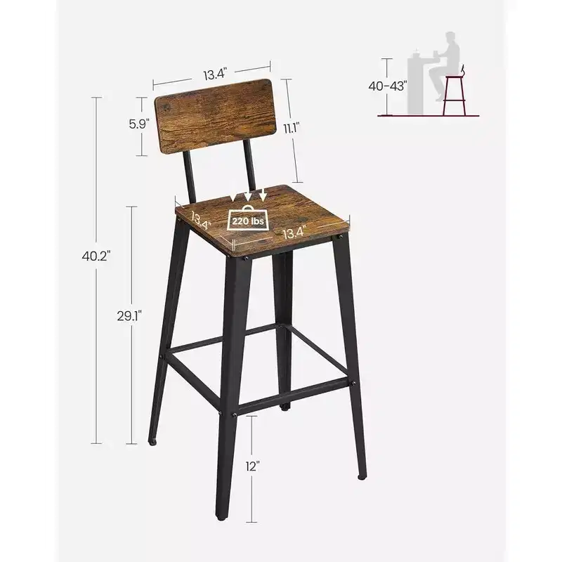 VASAGLE Set of 2 Bar Stools, Bar Height Stools, Tall Bar Stools with Back, Bar Chairs, Steel Frame, Industrial Style