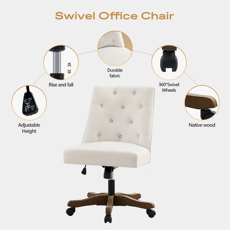 Home Computer Office Chair with Wheels Adjustable Height, Linen Fabric Upholstered Chair Swivel