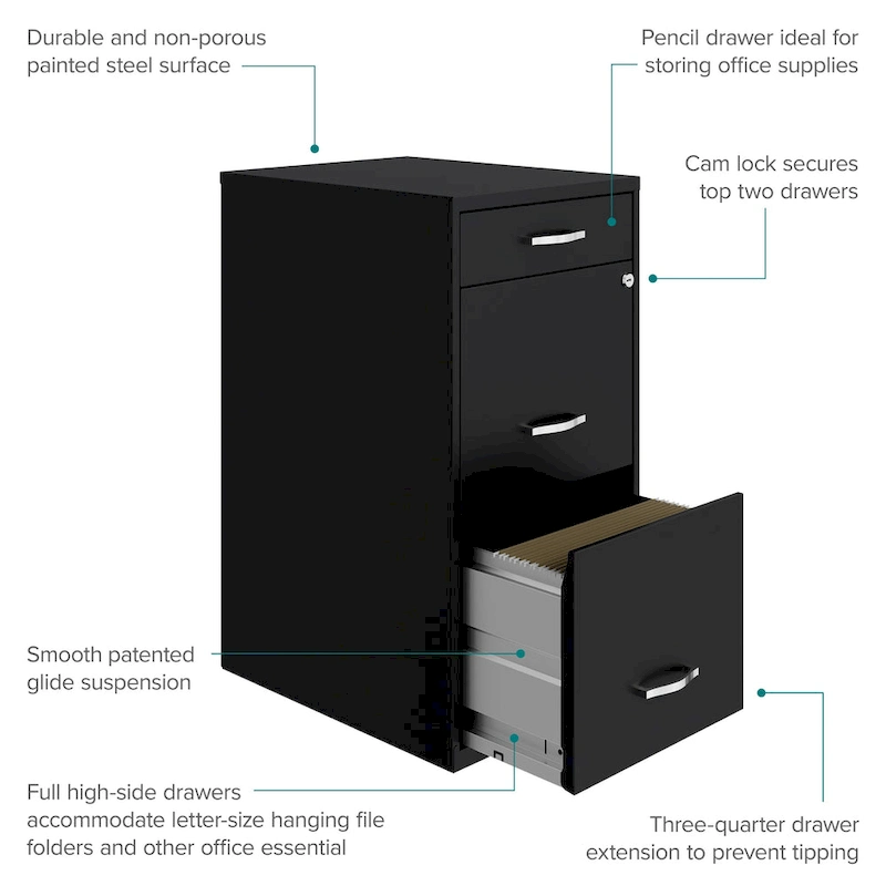 Space Solutions 18 Deep 3 Drawer Metal File Cabinet, Black