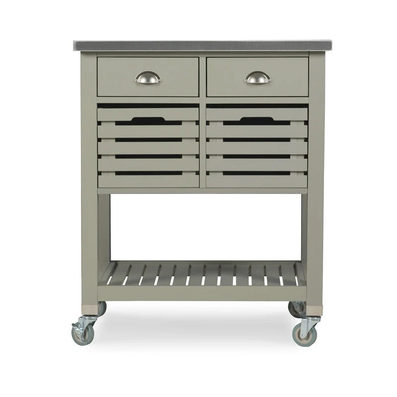 Rolling Kitchen Cart with Stainless Steel Top – Grey, 2 Drawers & Pull-Out Baskets