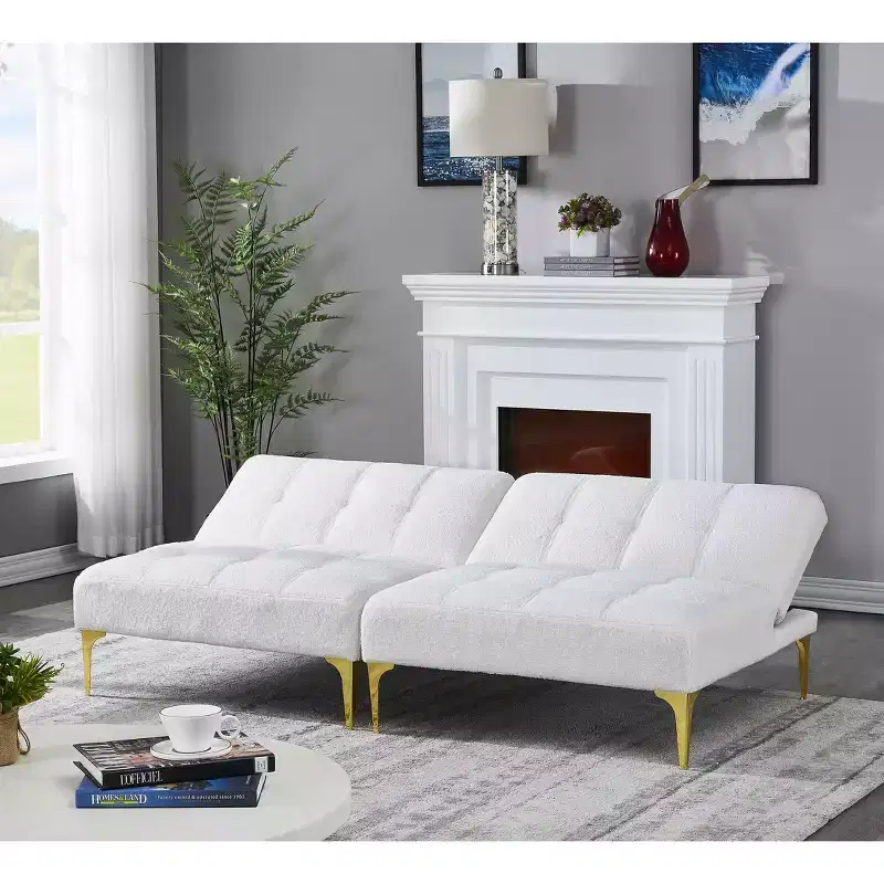 MAYEERTY Comfortable Teddy Fabric Futon Sofa Gold Metal Legs, Foam & Spring for Living Room White