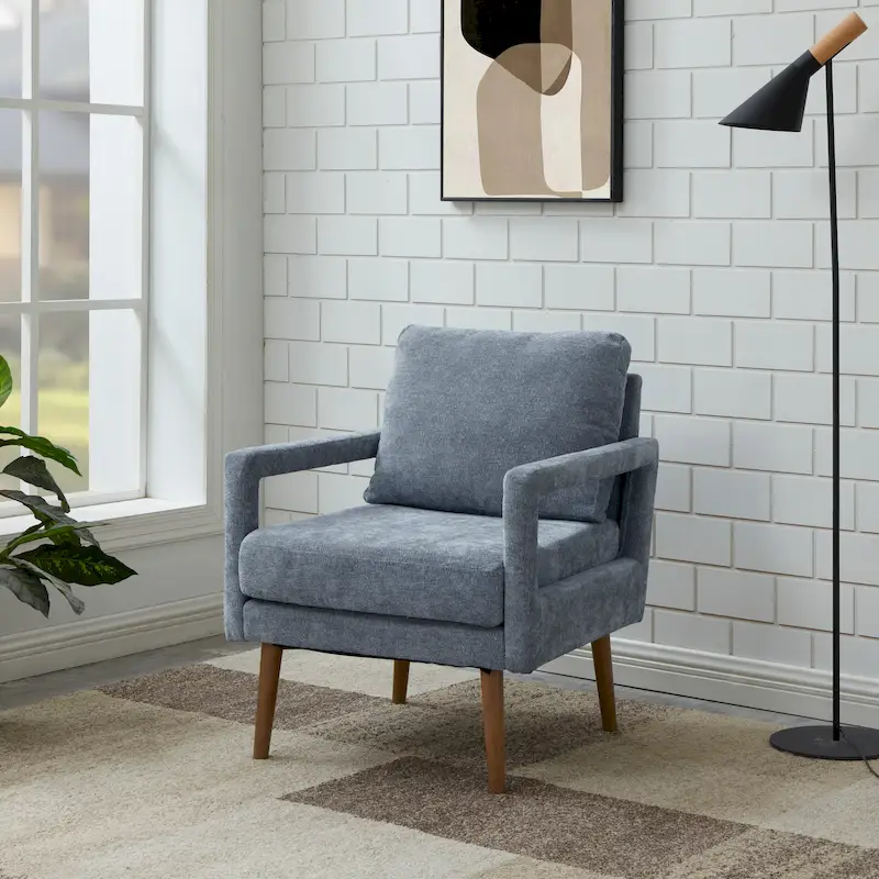 Blue, Mid-Century Modern, Chenille Accent Armchair, 1-Seater