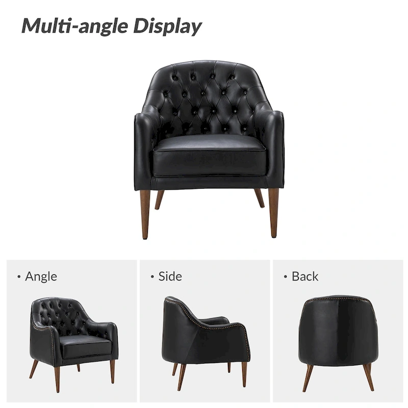 Melisa Classic Genuine Leather Wood Legs Barrel Chair With Tufted Back By HULALA HOME