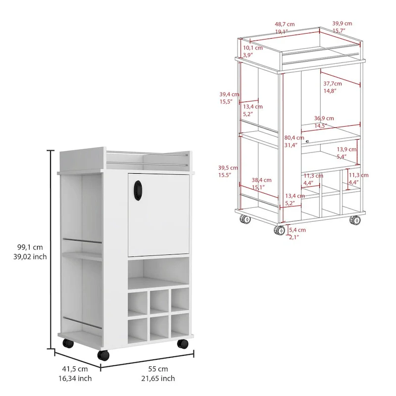 Bar Cart with Cabinet, 6 Built-in Wine Rack and Casters