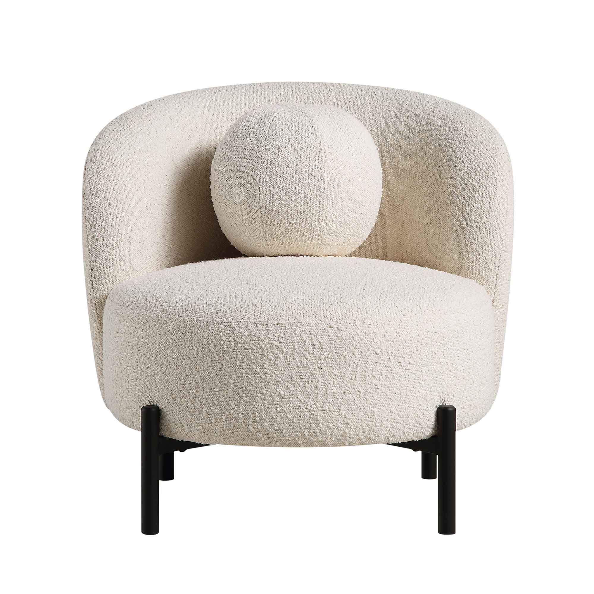 Armchair with Ball Cushion, Ecru Boucle