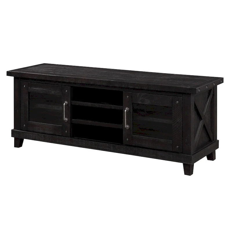 Three Open Shelves Entertainment Center with Exposed Bolts and Cross Bracing, Brown