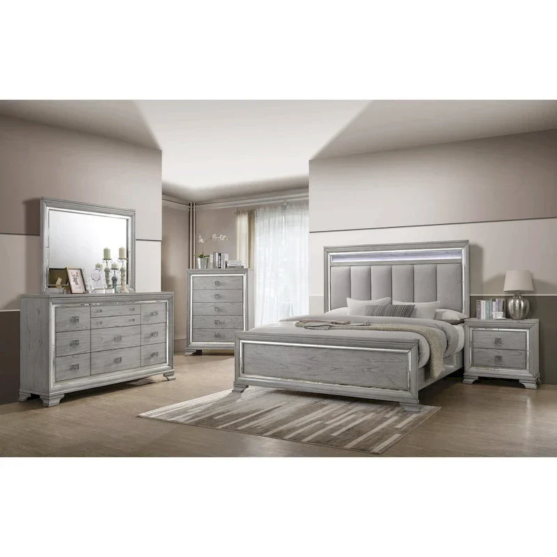 Evonne 6 Piece Gray LED Upholstered Panel Bedroom Set
