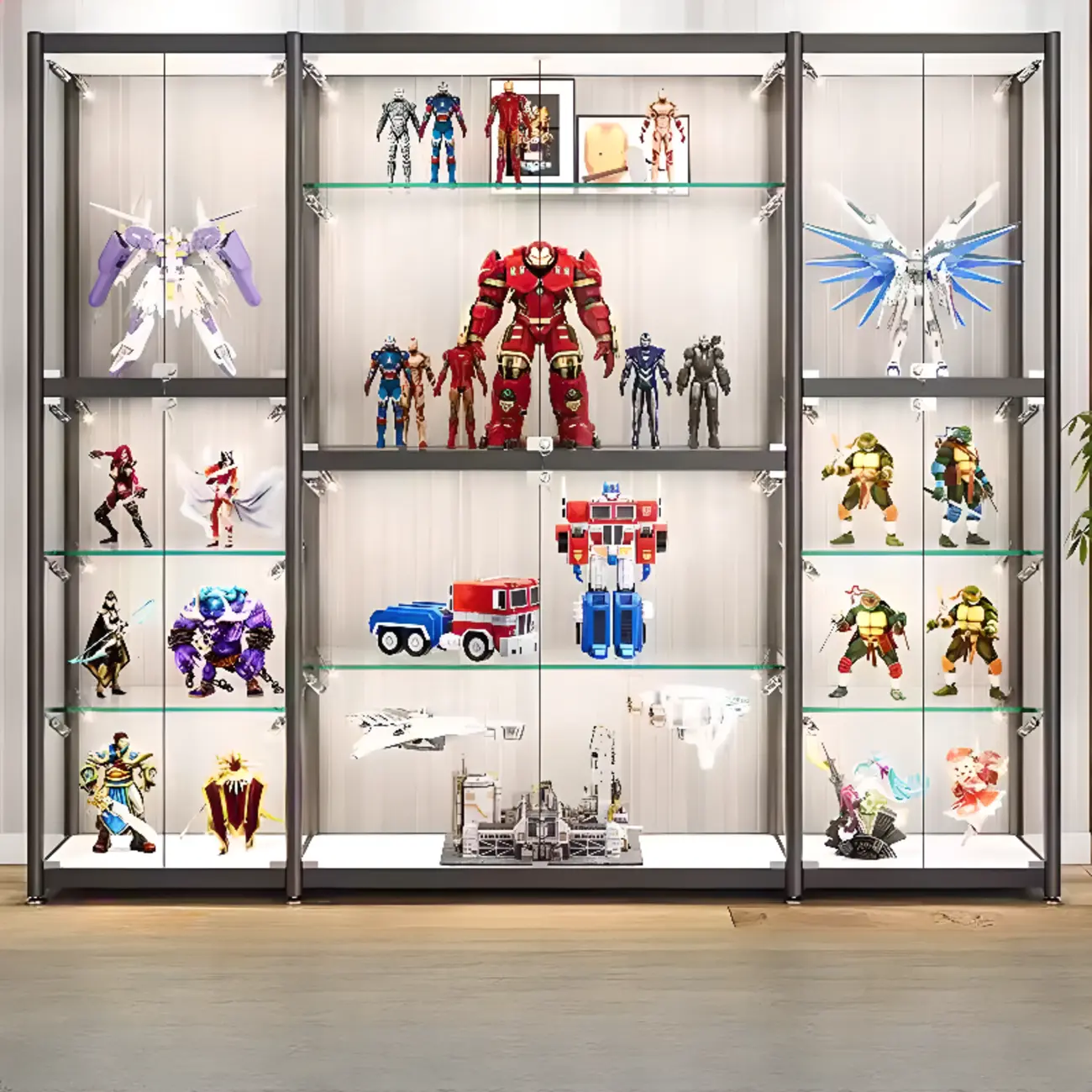 Modern Black Clear Glass LED Adjustable Display Cabinet