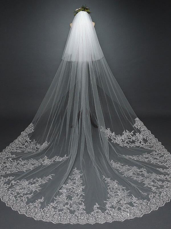 Ivory Lace Cathedral Veil with Blusher Long Wedding Veil