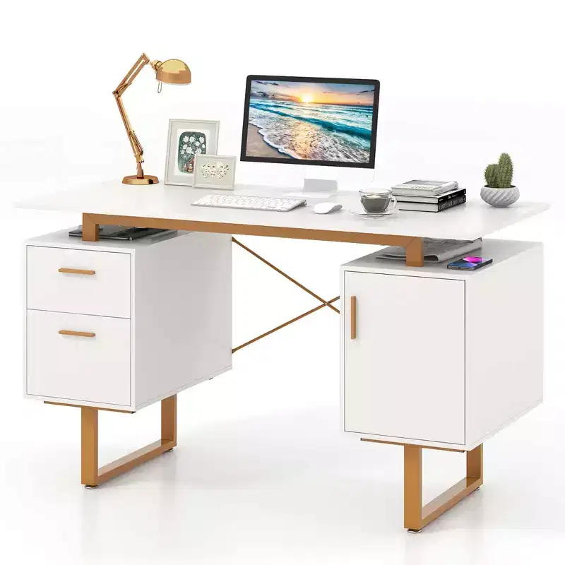Costway 51 Home Office Desk with Floating Desktop Dual Drawers Cabinet & Metal Frame