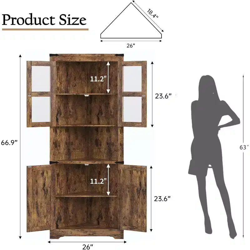 67 Tall Corner Display Cabinet with Lights, Farmhouse Storage Hutch with Glass Doors, Sturdy Wooden Organizer for Kitchen Bathroom Living Room