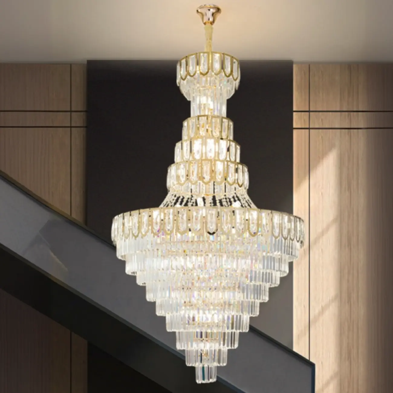 Luxury Adjustable Gold Tiered Crystal High Ceiling Chandelier