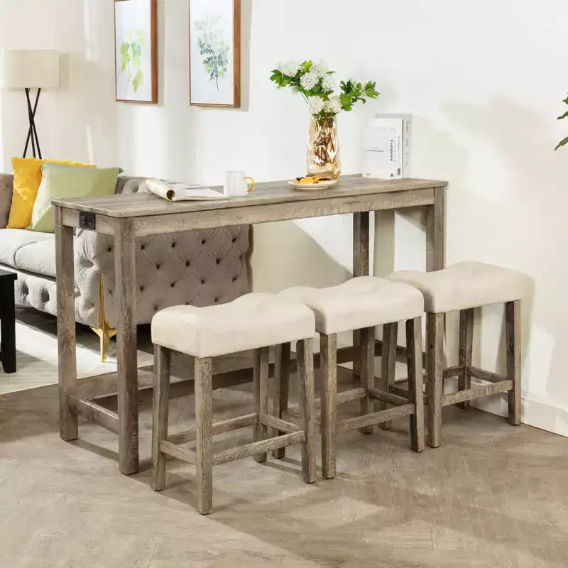 sumyeg 4 Piece Bar Table Set with Power Outlet and 3 Padded Stools for Dining or Living Room