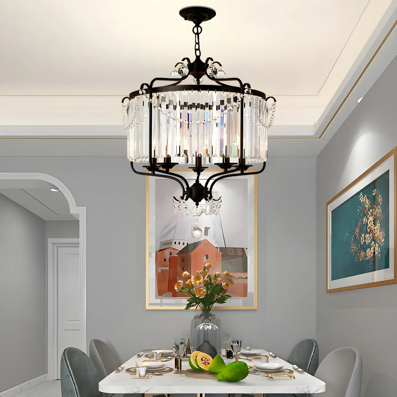 Modern Black Round Cylinder Metal Cage Crystal Chandelier
