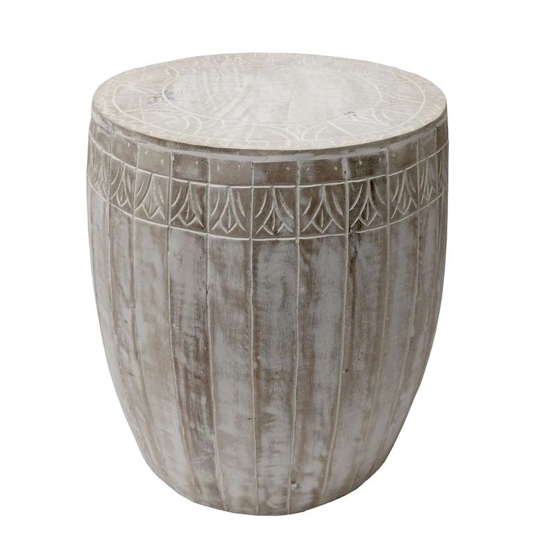 Serenity Side End Table with 16 Inch Round Top, In Antique White Mango Wood