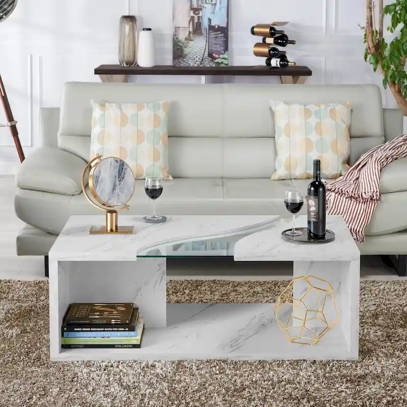 Kobe Modern Faux Marble Veneer Coffee Table with Shelf by Furniture of America