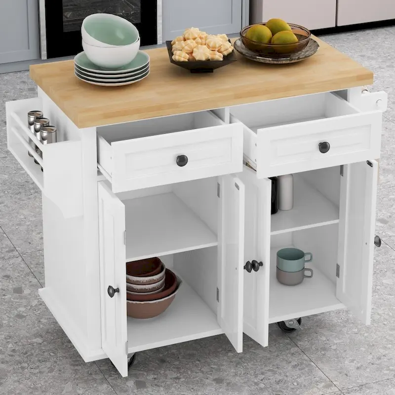 43.31 in. Kitchen Island Cart with 2 Cabinets and Spice Rack