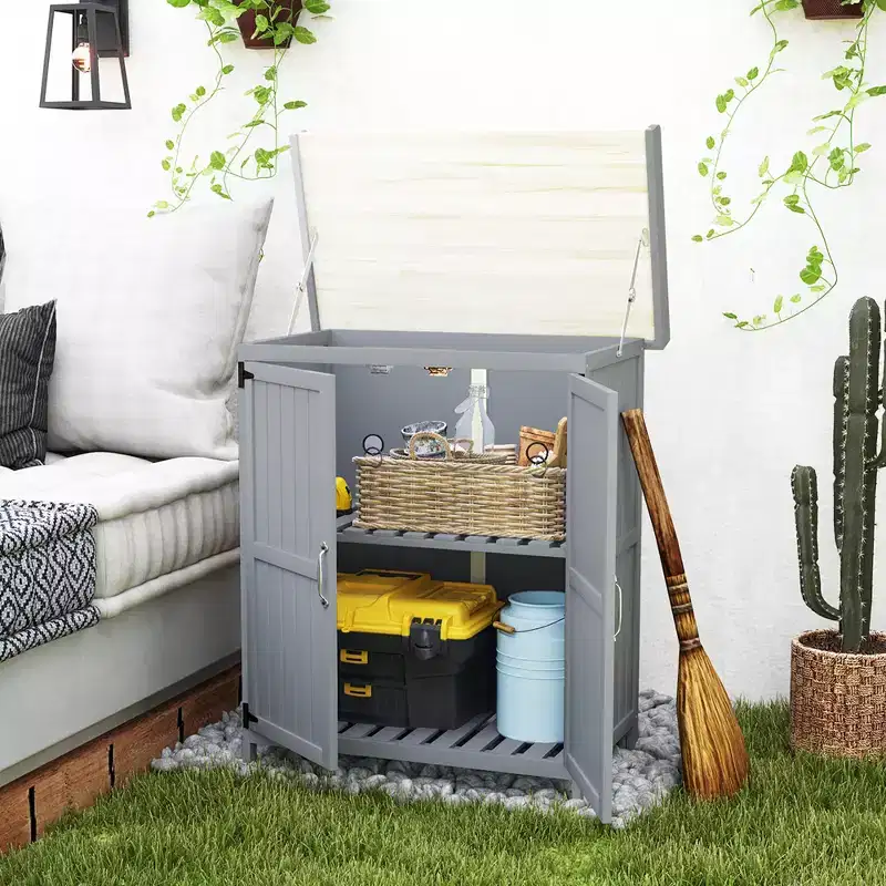 Outsunny Outdoor Garden Shed, Wooden Backyard Shed with Metal Tabletop, Shelf and 2 Doors for Patio, Lawn