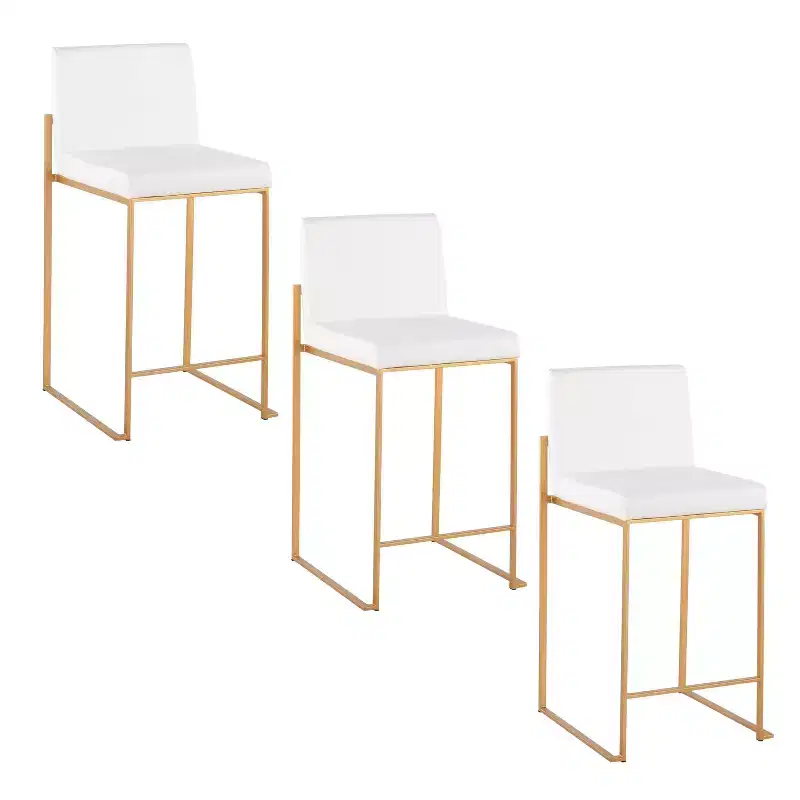 LumiSource Set of 3 Fuji High Back Counter Height Barstools Gold Steel/White PU