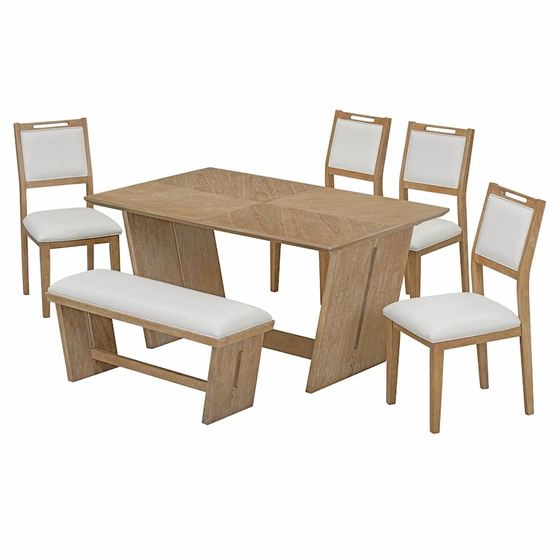 6 Pcs Dining Table Set, Wood Dining Kitchen Table and Chairs Set with Rectangular Table, 4 Upholstered Chairs and 1 Bench