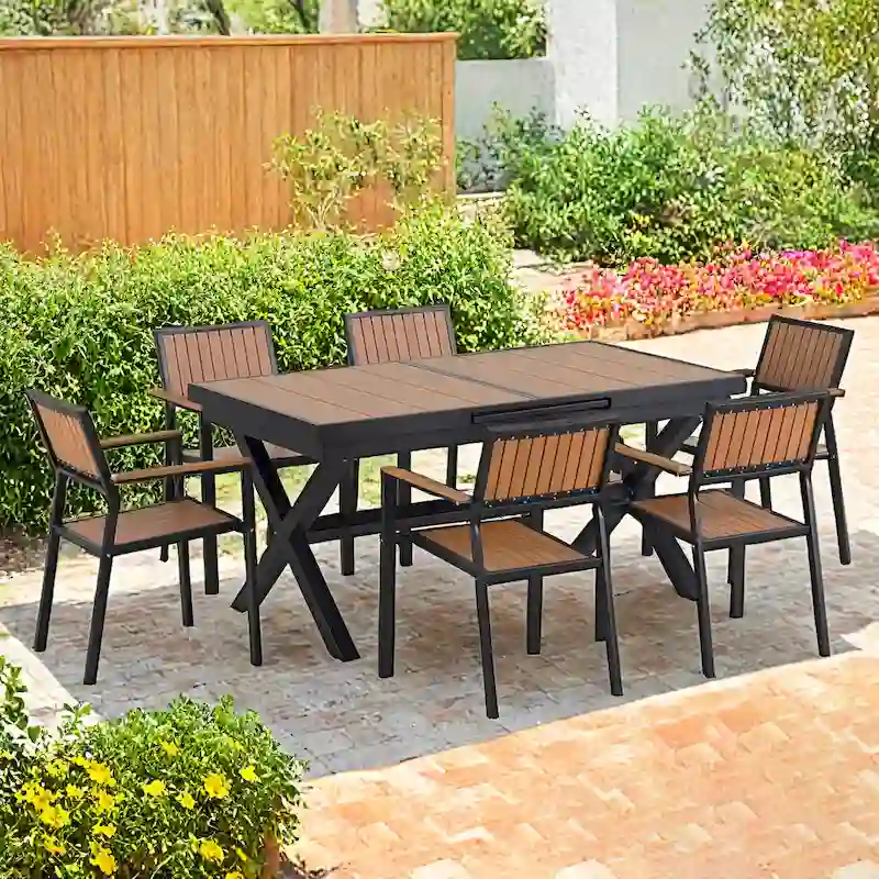 Flexible Outdoor Dining Set,6 Chairs and Extendable Table,62.9