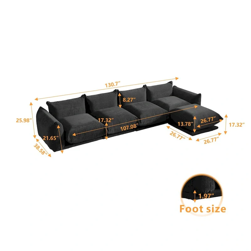L-Shape Sectional Sofa with Ottoman - Chenille Modular Couch