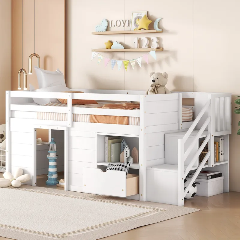 White Twin Solid Wood Low Loft Bed with Storage Staircase & Drawer | Kids