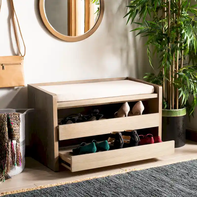 Walnut / White Wash / Black Wood Frame Storage Bench, Linen & PU Seat, 2-Seat