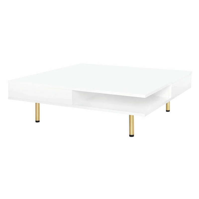 High Gloss Coffee Table: 4 Golden Legs, 2 Drawers, 2-Tier Square Design