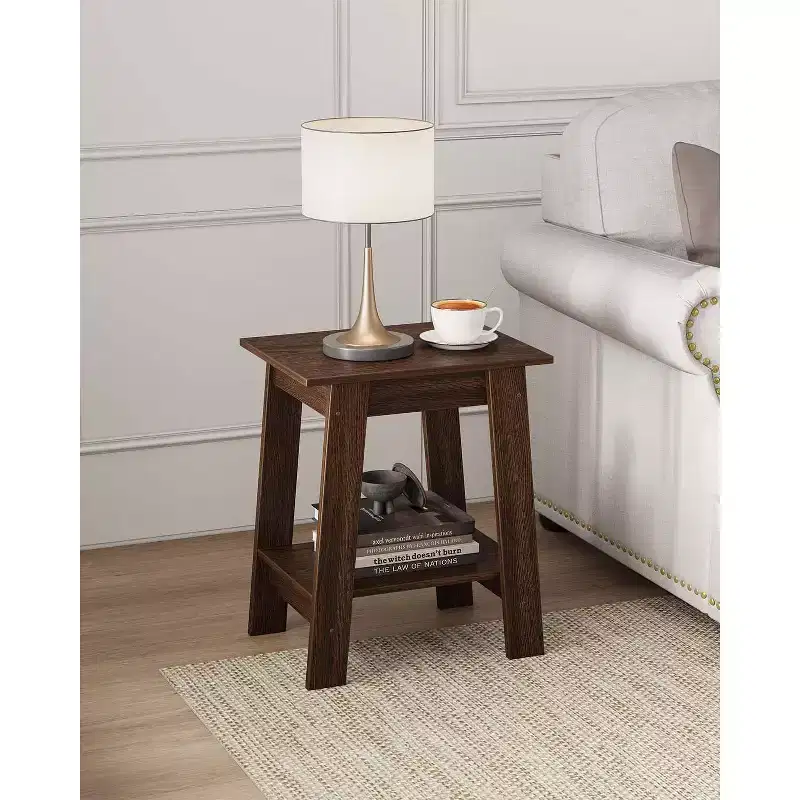 DobleePy Walnut End Table with 2-Tier Storage Shelf, Square Side Table/Nightstand for Small Space, Entryway, Living Room, Easy Assembly