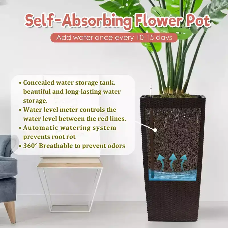 30 In Tall Brown Self-Watering Planter for Outdoor Indoor Use, Large Faux Rattan Flower Pot with Water Monitor and Inner Bucket