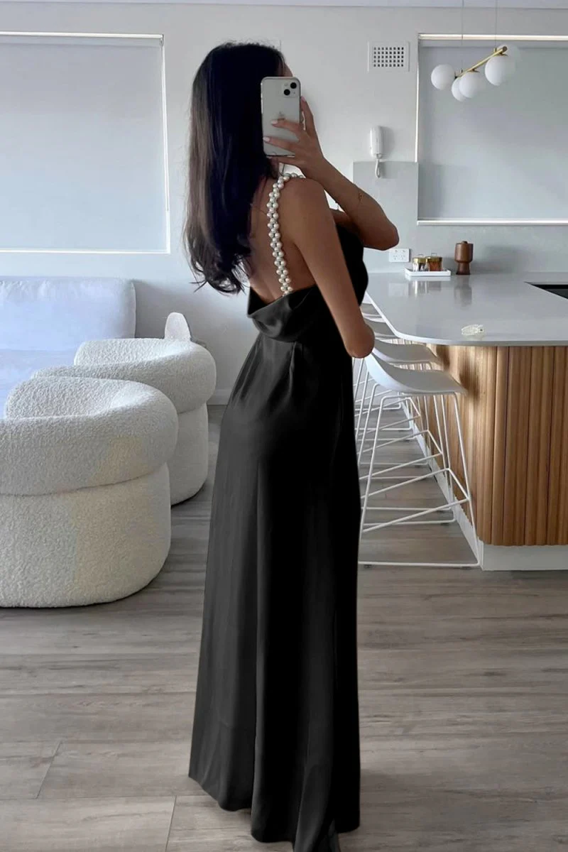 Yellow Sheath Spaghetti Straps Satin Long Prom Dresses With Pearls