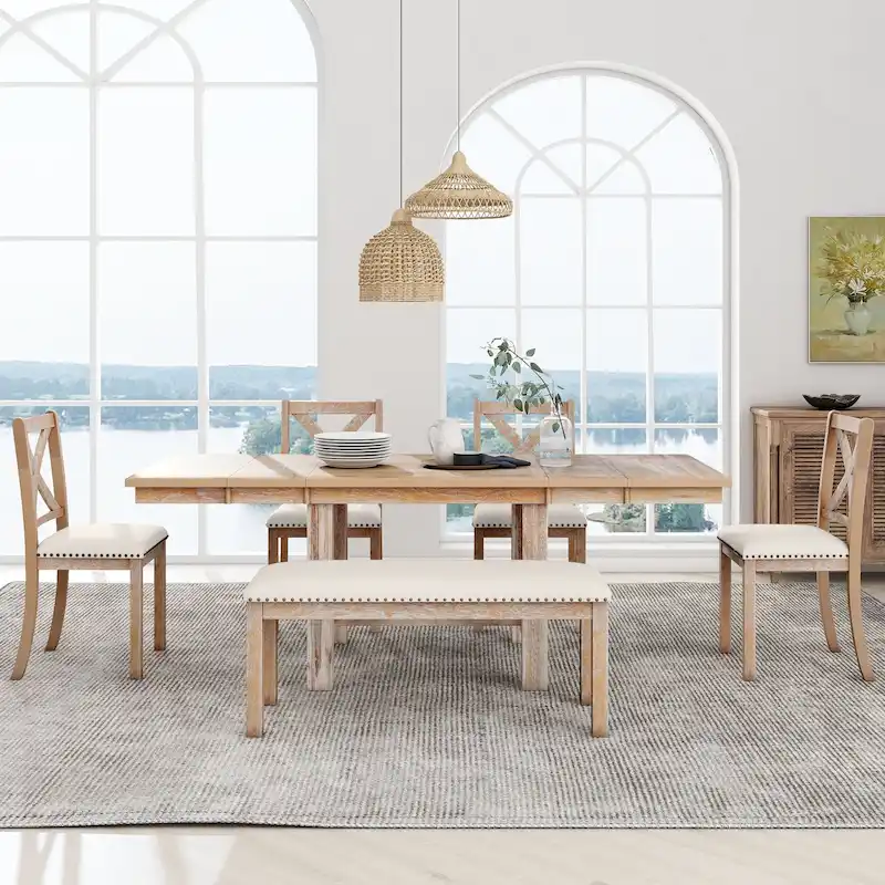 Farmhouse 6-Piece Wooden Dining Table Set with Extendable Table & 4 Chairs