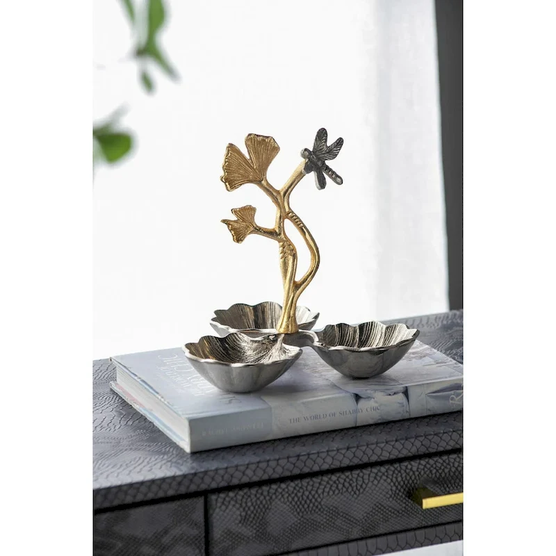 A&B Home Gingko Leaf Nut Bowl with Dragonfly Detail