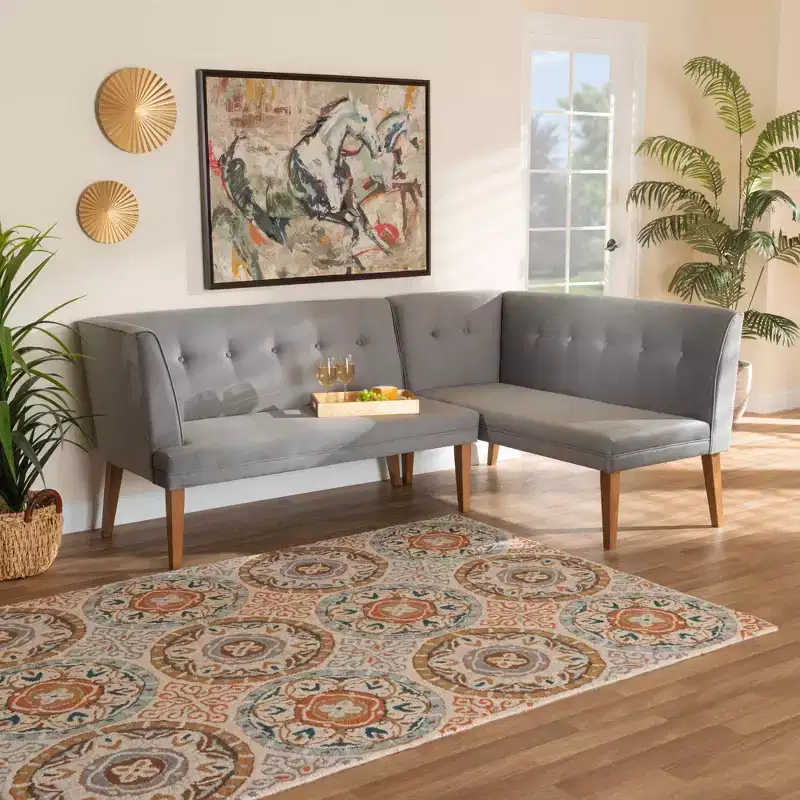 2pc Stewart Upholstered and Wood Dining Nook Banquette Set Gray/Walnut - Baxton Studio: Velvet Corner Benches