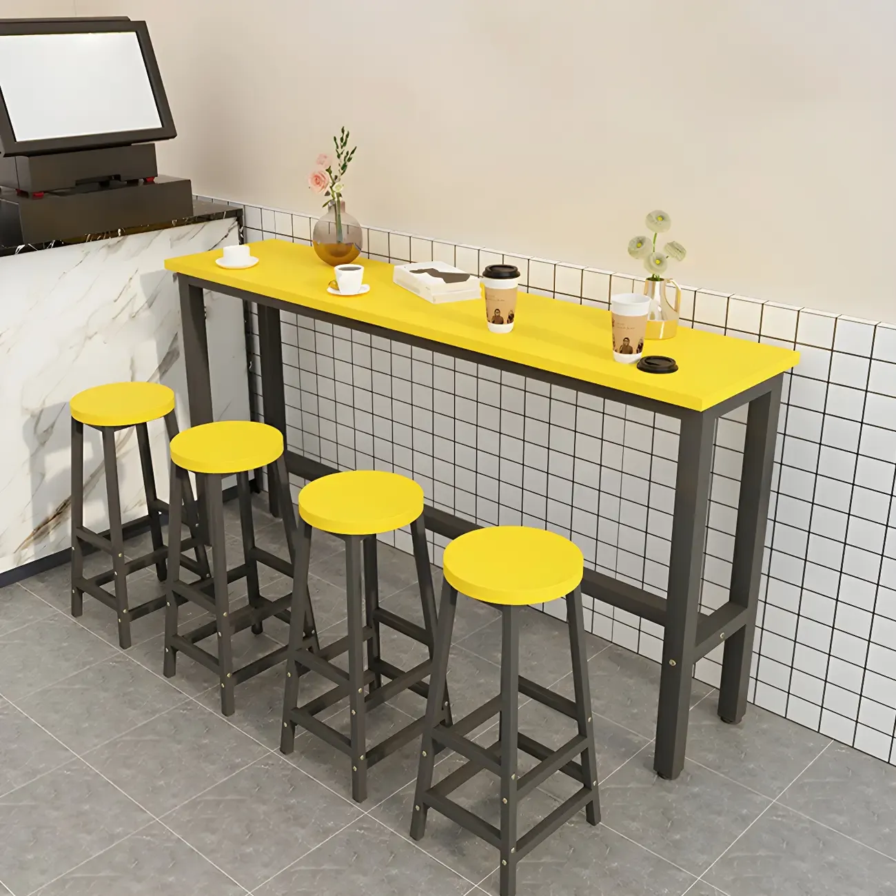 Rectangular Natural Wood Metal Trestle Bar Tables