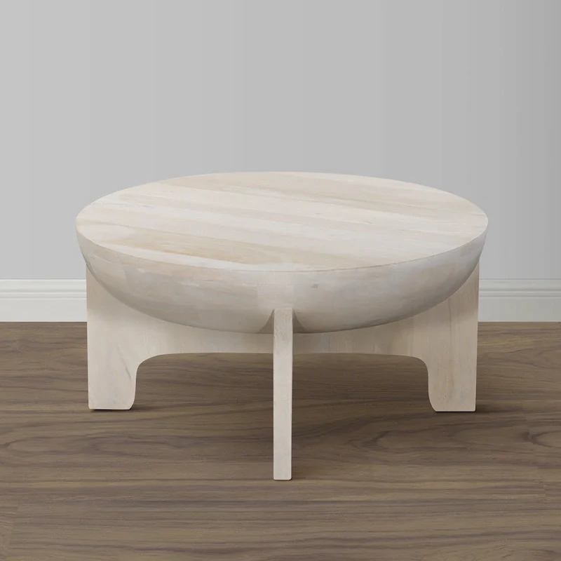 32-Inch Mango Wood Drum Top Coffee Table, Classic Washed White