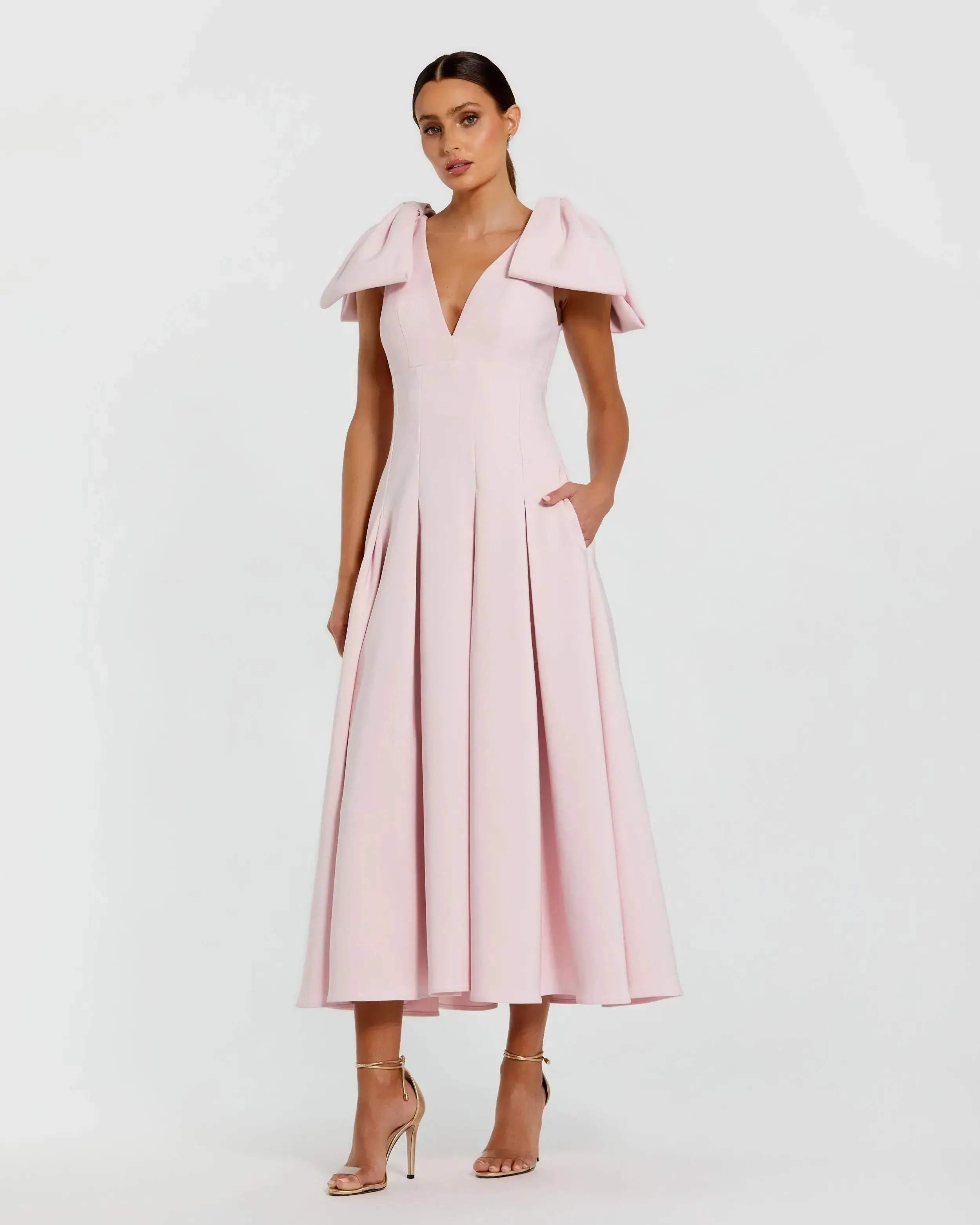 Crepe A Line Midi Dress With Bow Straps