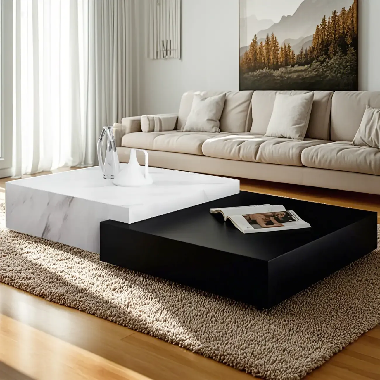 Modern Marble Nesting Coffee Table Set in Black and White