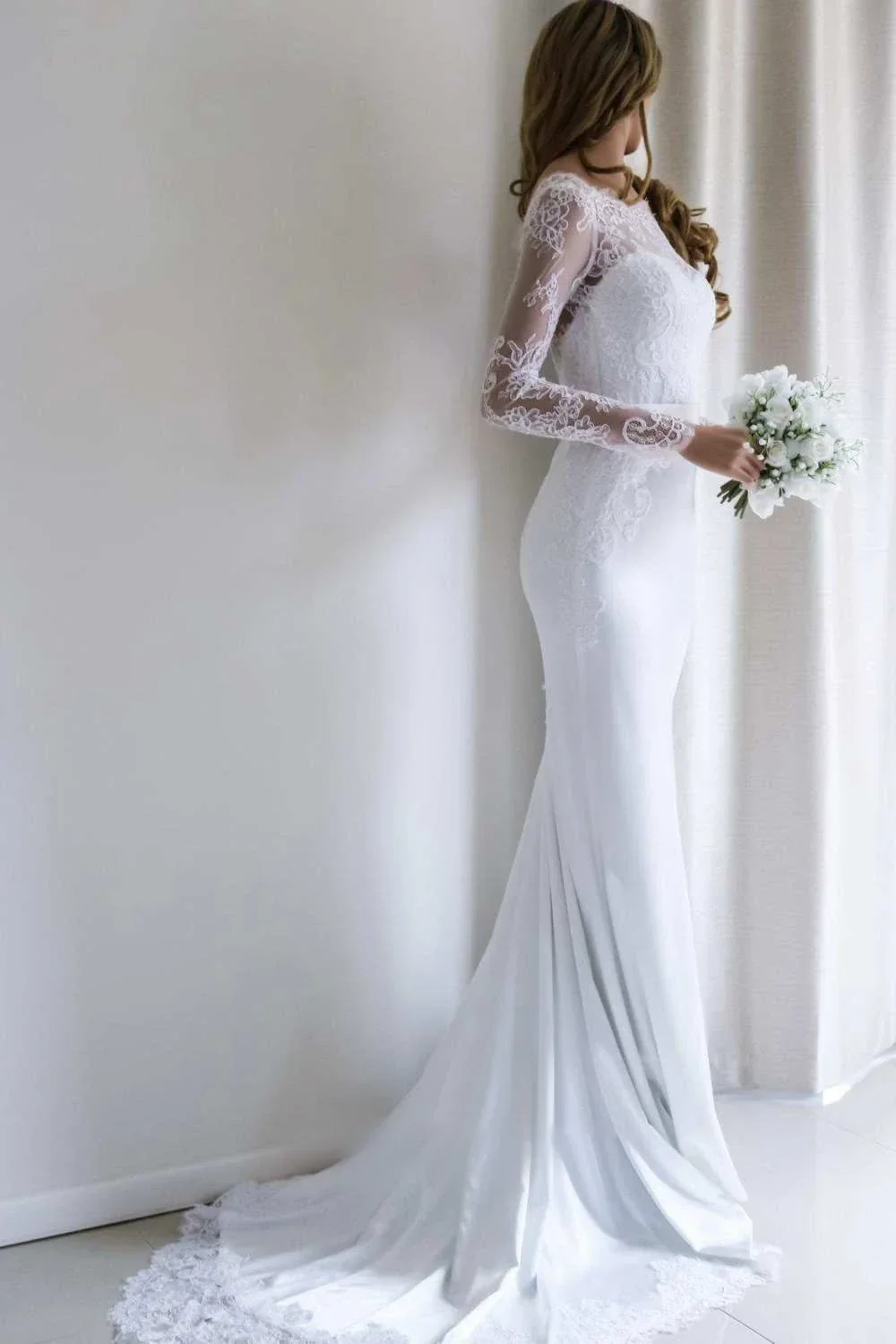 Bateau Lace Long Sleeve Sheath Chiffon Wedding Dress With Sweep Train