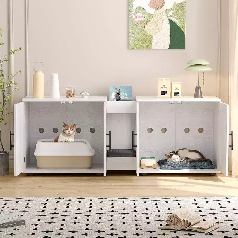 55 Inch Cat Litter Box Enclosure, 3-IN-1 Large Cat Box Enclosure with Double Rooms, Farmhouse Wooden Cats Washroom, Hidden Litter Box Furniture