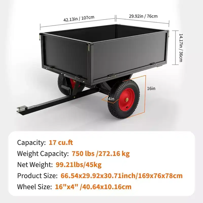 Dump Cart, Utility Trailer  ATV UTV Tow Behind Dump Cart, 1600 lbs Capacity 22 Cubic Feet Heavy Duty Yard Garden Trailer with Removable Sides